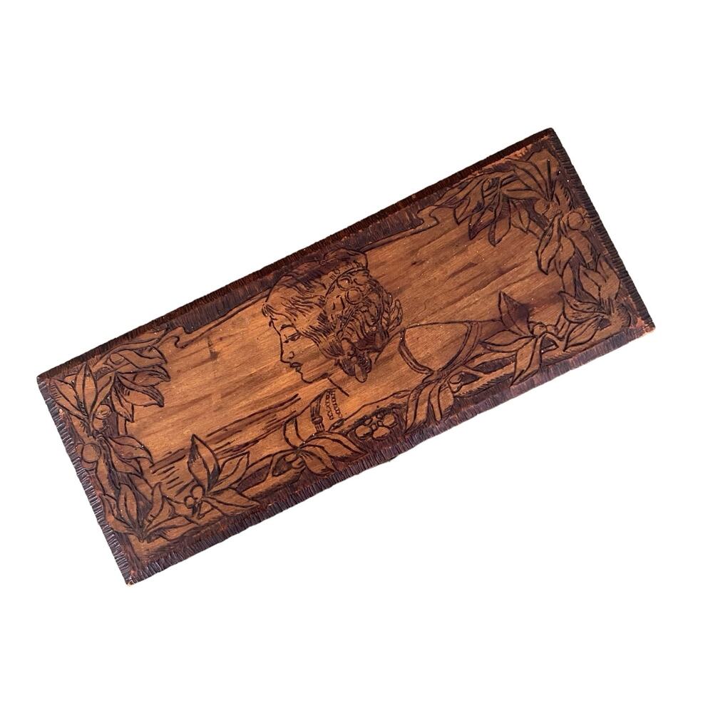 Pyrography Burnt Wood Dresser Glove Box Art Nouveau Beautiful Woman Antique VTG
